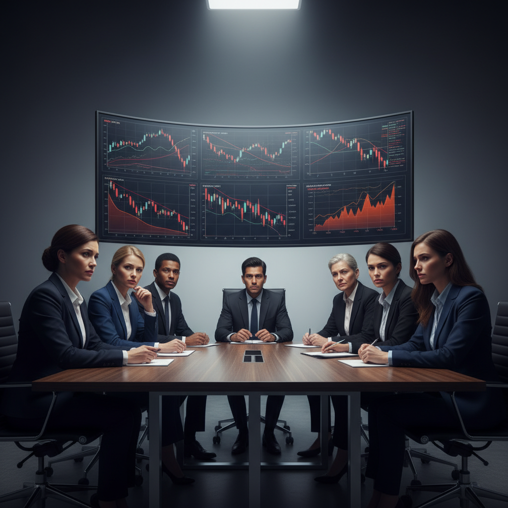 Business meeting room with financial charts and graphs on large monitor showing declining trends, diverse group of investors with concerned expressions, professional corporate setting, modern conference table, dramatic lighting, serious atmosphere, gradient gray background, no text
