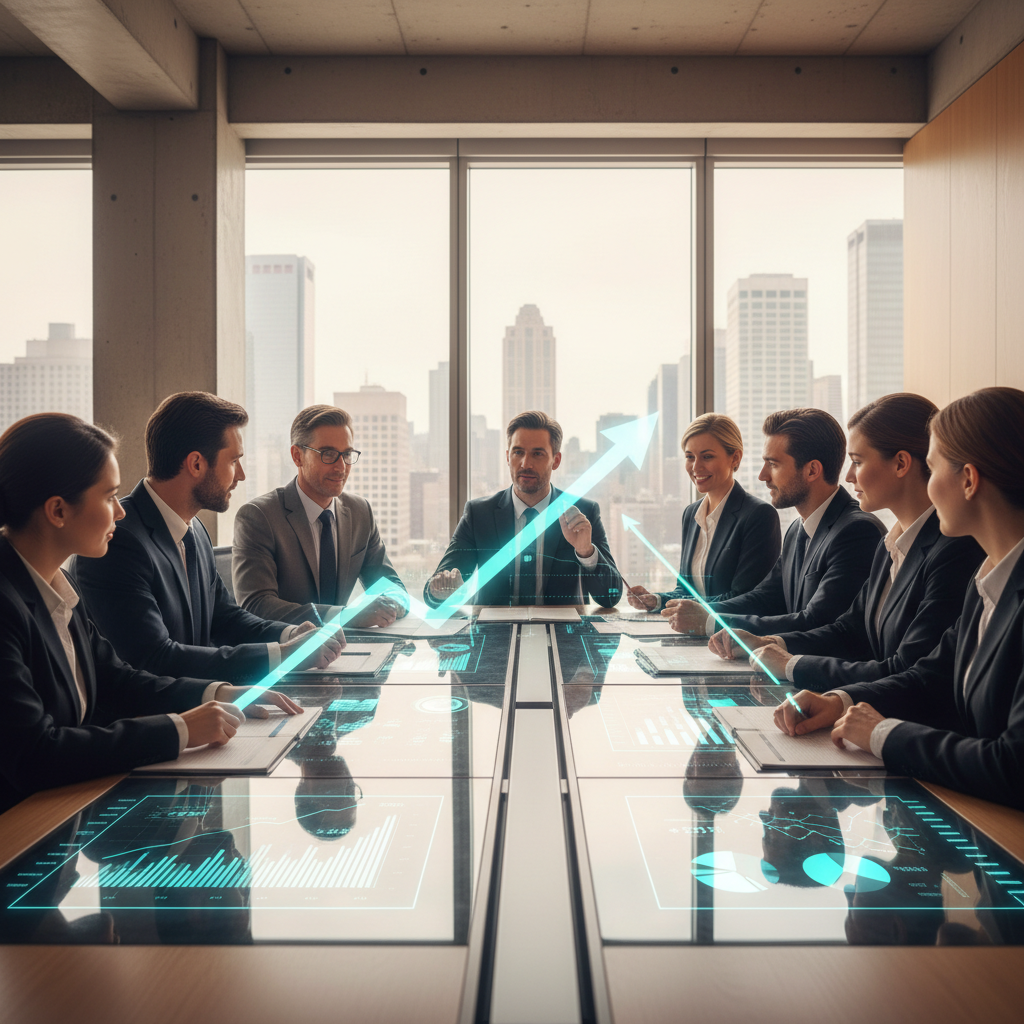 A professional boardroom scene with executives reviewing impressive business growth data on large transparent displays, modern minimalist office design with natural light streaming through windows, confident business atmosphere, diverse team of investors and entrepreneurs, warm professional photography, sharp focus on data visualization screens showing upward trends