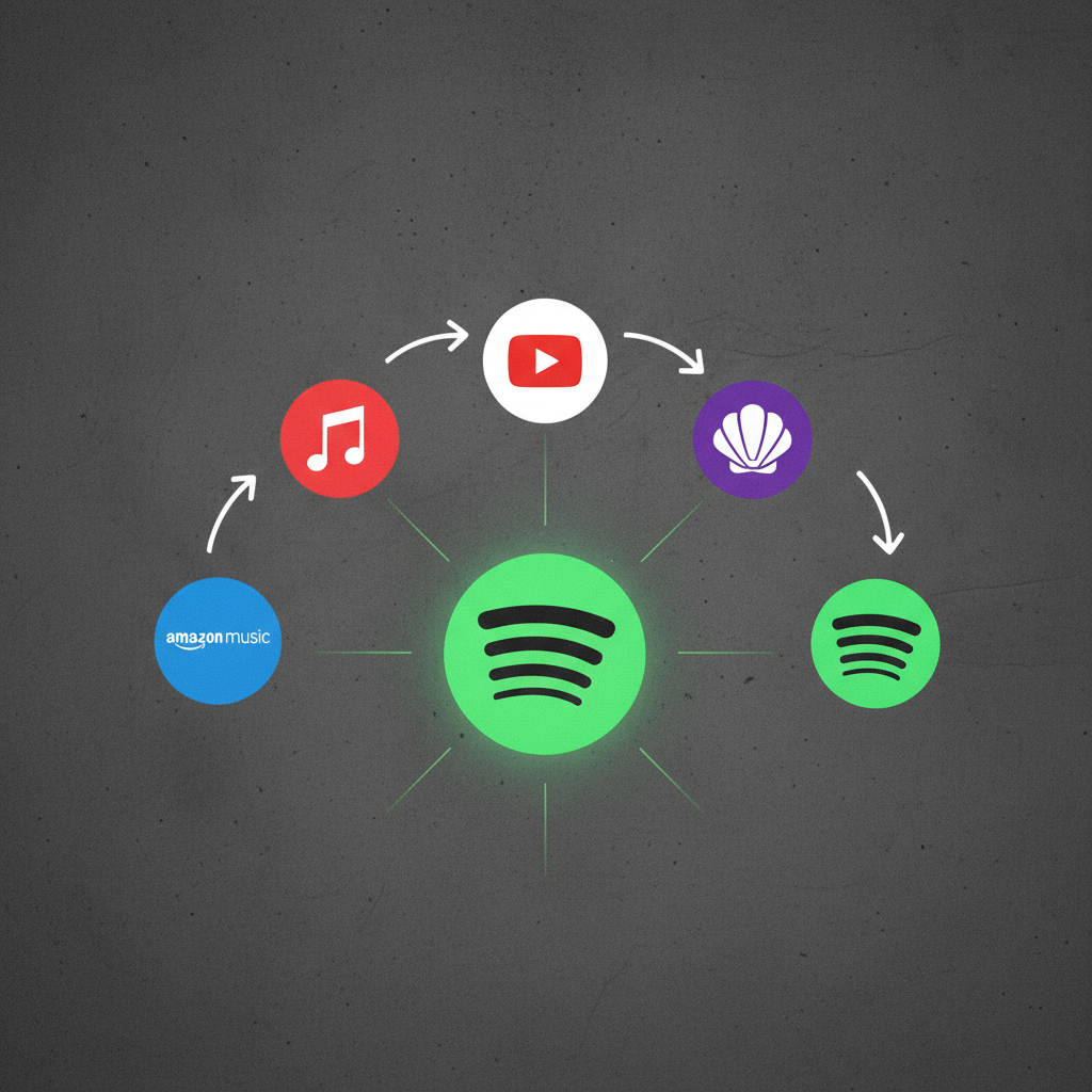 Modern infographic illustrating various music streaming service icons (Amazon Music, Apple Music, YouTube Music, Deezer, Spotify) with arrows pointing towards a central Spotify icon, symbolizing playlist transfer. Clean layout, high contrast, no visible text, textured background.