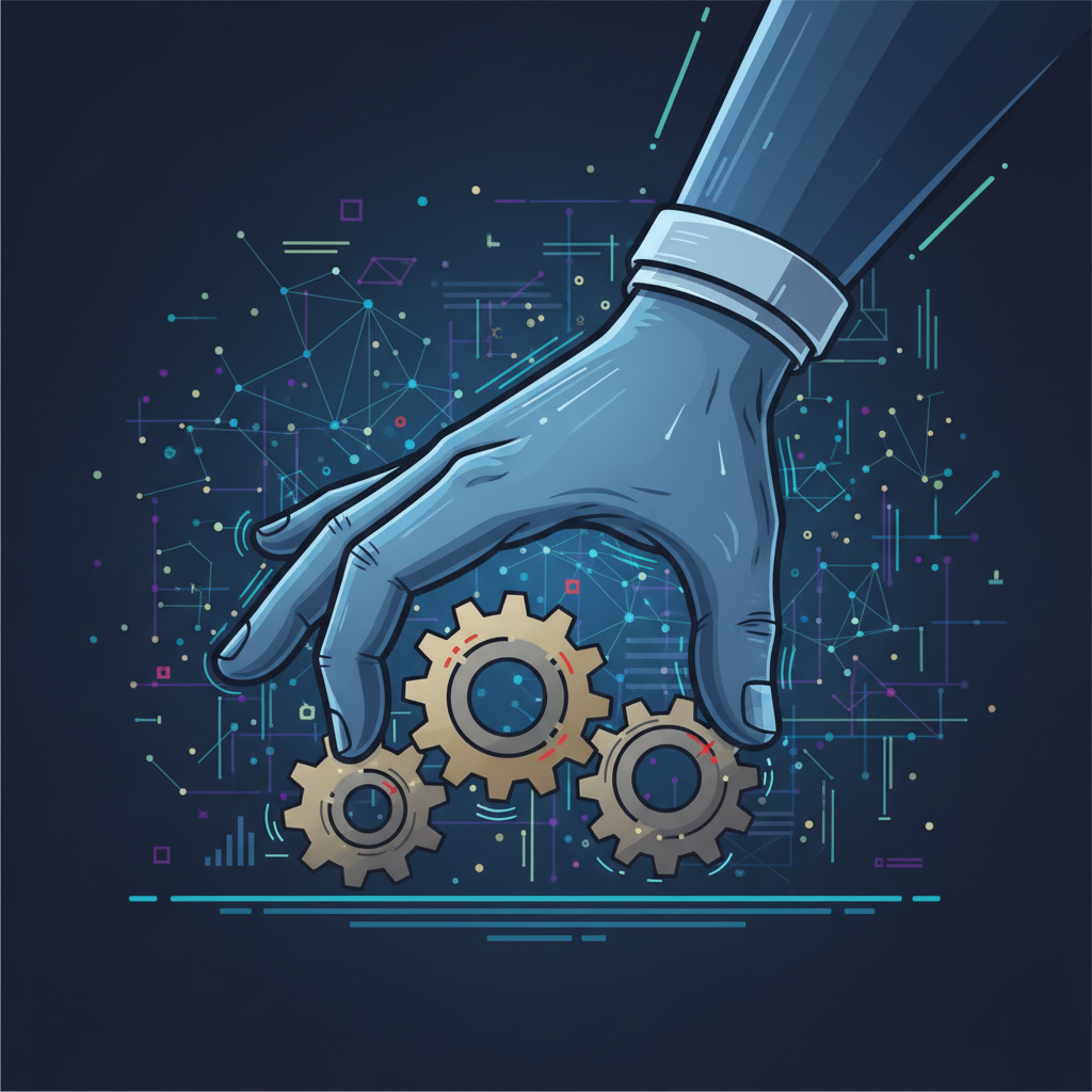 An infographic illustration showing a powerful hand (representing federal government) imposing rules over several smaller gears (representing state AI laws). The gears are trying to spin but are being restricted. The background is a digital data network with bright, balanced lighting. Style: clean infographic, modern layout, high contrast. No visible text.