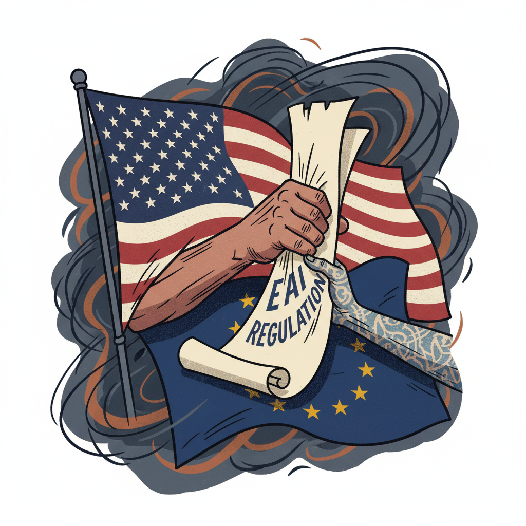 An illustrative image symbolizing the Trump administration's pressure on European AI regulations. It could feature a stylized depiction of a US flag and an EU flag with a hand pushing back against a regulation document. The overall mood should be one of diplomatic tension. Style: political illustration. No text.