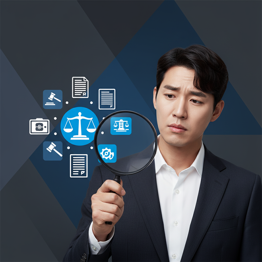 clean infographic, modern layout, high contrast. A Korean person (male, natural expression) looking thoughtful and a bit worried, holding a magnifying glass over abstract legal document icons. The background features subtle overlapping geometric shapes in dark blue and grey, filling the frame. No text.