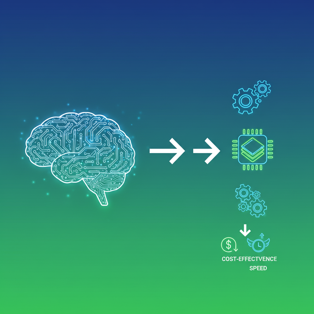 An infographic illustrating the shift from a generic large language model (represented by a large, complex brain icon) to several smaller, more focused, and efficient specialized AI models (represented by smaller, targeted gear or chip icons). Emphasize cost-effectiveness and speed. Clean, modern layout, high contrast. Vibrant green and blue gradient background. No text in image.