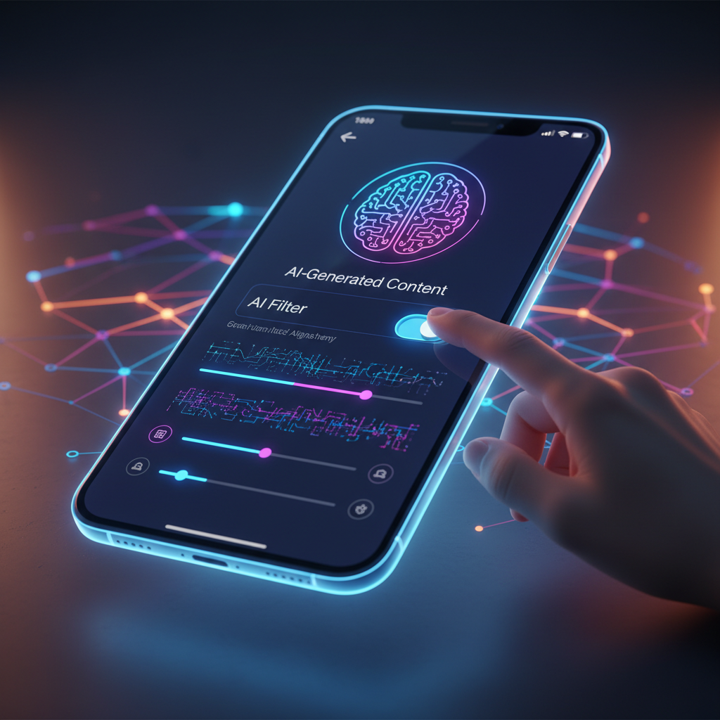 A vibrant and modern infographic showing a smartphone screen with the TikTok app interface, depicting a user actively managing AI-generated content settings. The background features subtle AI-themed elements like neural networks or digital patterns, in a clean, high-contrast style. No visible text on the screen, only minimal English UI elements if absolutely necessary.