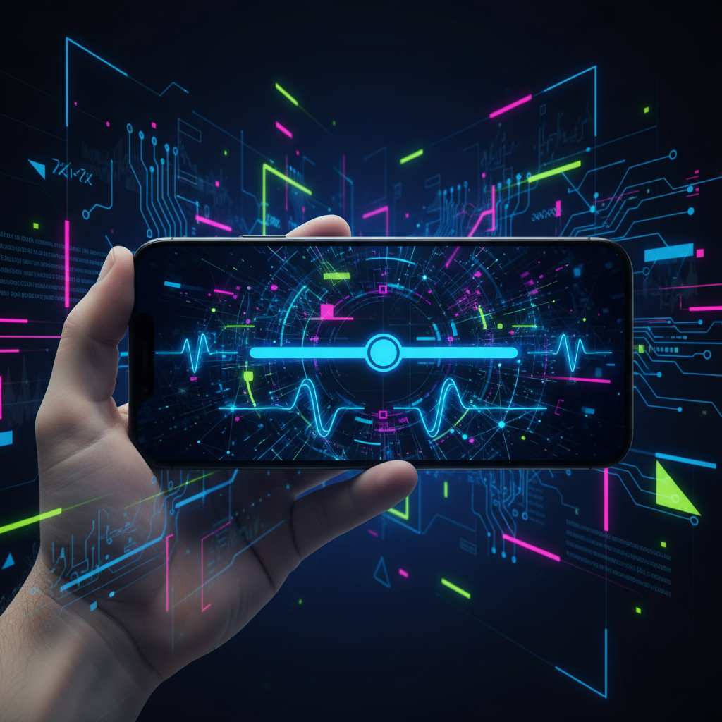 A hand holding a smartphone with the TikTok app open, showing a slider to adjust AI-generated content. The background is a vibrant, modern digital interface with subtle AI-themed elements. Style: clean infographic, modern layout, high contrast. No text.