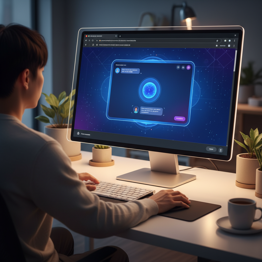 A modern web browser interface displaying an innovative AI assistant feature on a desktop screen, sleek design with blue and purple gradient background, futuristic digital workspace atmosphere, warm ambient lighting, centered composition showing browser window with chat interface, Korean person viewing screen from behind, lifestyle photography style, no text visible