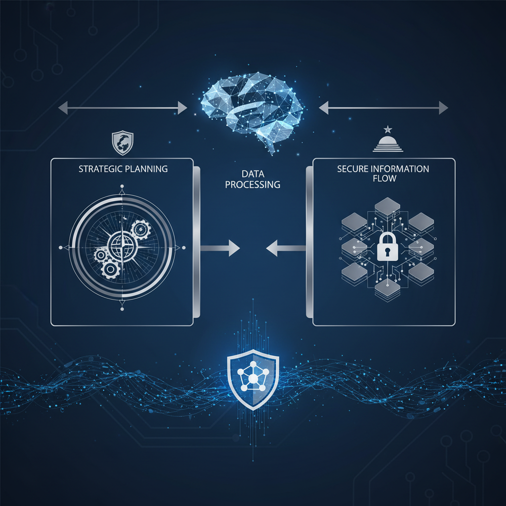 A powerful infographic illustrating Palantir's software being used in critical defense and government scenarios. Show abstract representations of data processing, strategic planning, and secure information flow, with iconic but subtle symbols of military and governmental organizations. The overall impression should be of complex intelligence and secure operations. Style: clean infographic, modern layout, high contrast. Deep blue and silver color palette. No visible text.