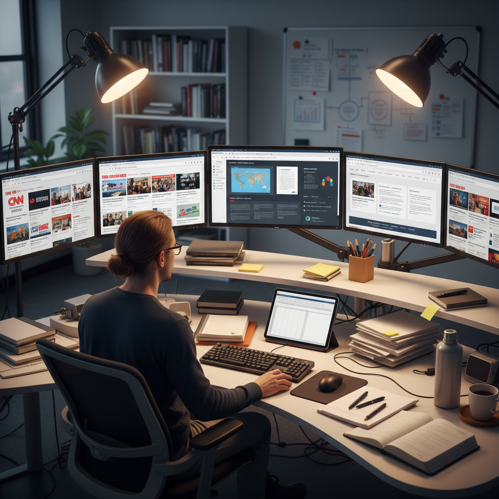 Person at desk with multiple screens comparing different news sources and fact-checking websites, organized workspace with notebooks and research materials, professional lighting with focus on verification process, no text