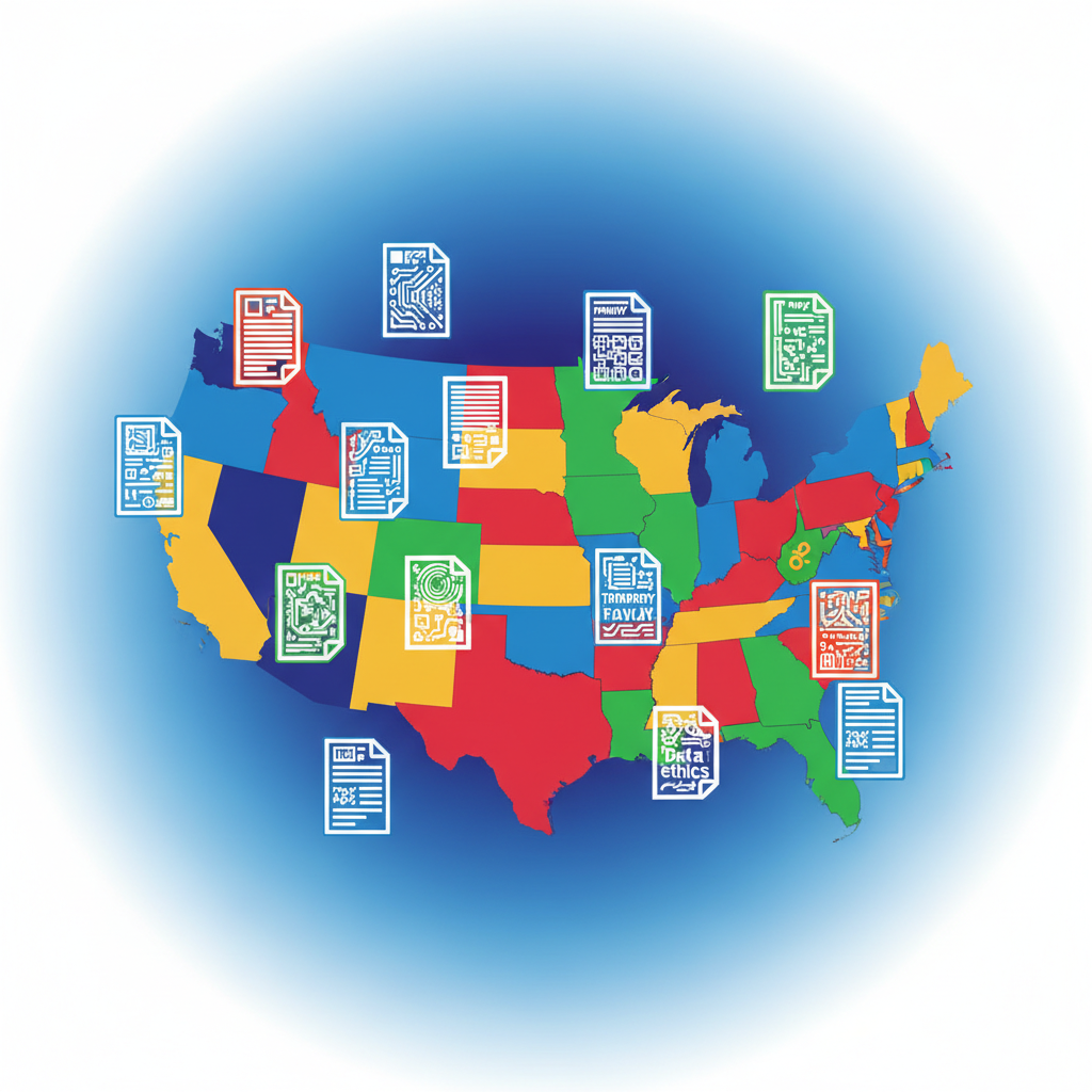 Clean infographic, modern layout, high contrast, showing a stylized map of the United States made of interlocking puzzle pieces, with each state represented by a different color. Scattered across the map are various documents labeled with concepts like 'privacy law', 'transparency rule', 'data ethics', all related to AI regulation, illustrating the fragmented nature of state laws. No visible text. Gradient background, centered focus, visually rich.