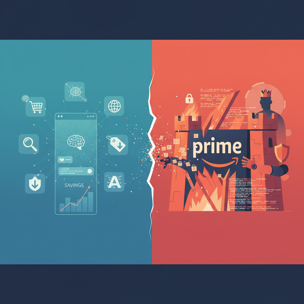 A modern split-screen illustration showing AI shopping agent interface on one side and Amazon's resistance on the other. Clean digital art style with technology elements, shopping icons, and corporate conflict visualization. No text.