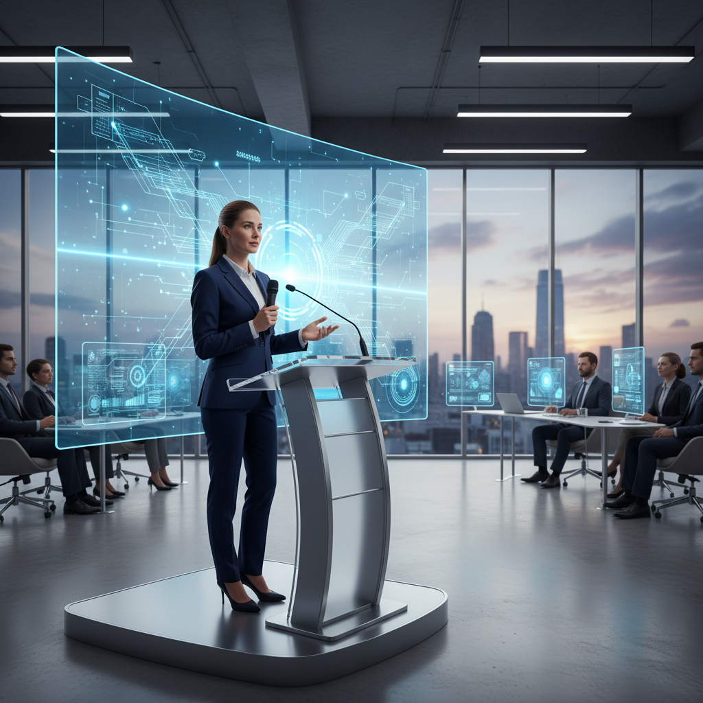A professional spokesperson giving a statement in a modern tech company environment. Clean corporate setting with technology elements and confident business atmosphere. No text.