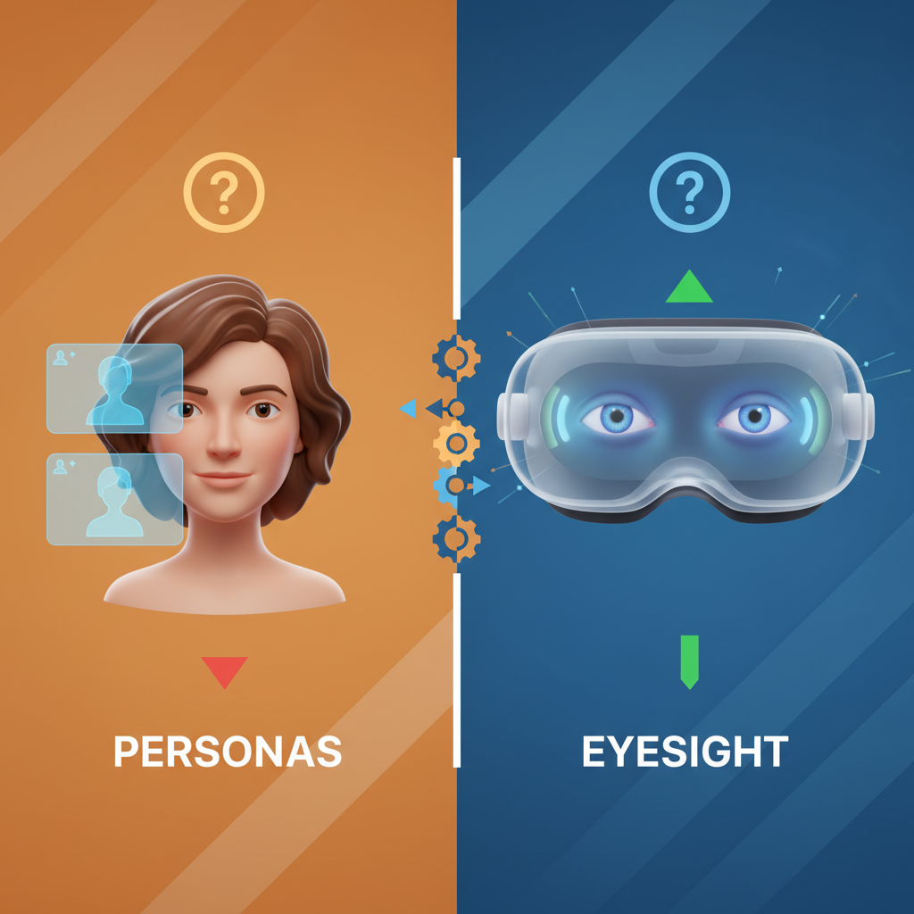 An infographic contrasting the "Personas" and "EyeSight" features of Apple Vision Pro. On one side, a stylized 3D avatar (Persona) with a natural expression, engaged in a virtual meeting. On the other side, an abstract representation of the EyeSight display showing eyes through the headset. Use question marks or "pros/cons" icons to indicate debate. Style: clean infographic, modern layout, high contrast, contrasting warm and cool colors. No visible text in image. No Korean characters.