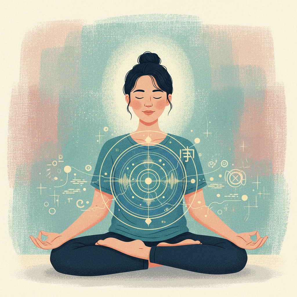 A young Korean person in a calm, relaxed pose, seemingly meditating while a subtle, glowing digital interface representing a sound generator or affirmation journal is projected nearby. The background is a soft, textured colored wall. Style: illustration, artistic rendering, textured background. Bright, balanced lighting, centered focus, visually rich, no text.