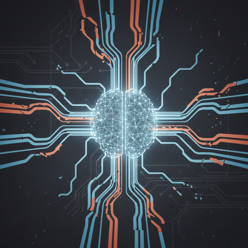 A clean infographic illustrating data flowing into an AI model, with some data streams subtly colored differently or having irregular shapes, symbolizing biased input. Modern layout, high contrast, textured background. No visible text. Centered focus.