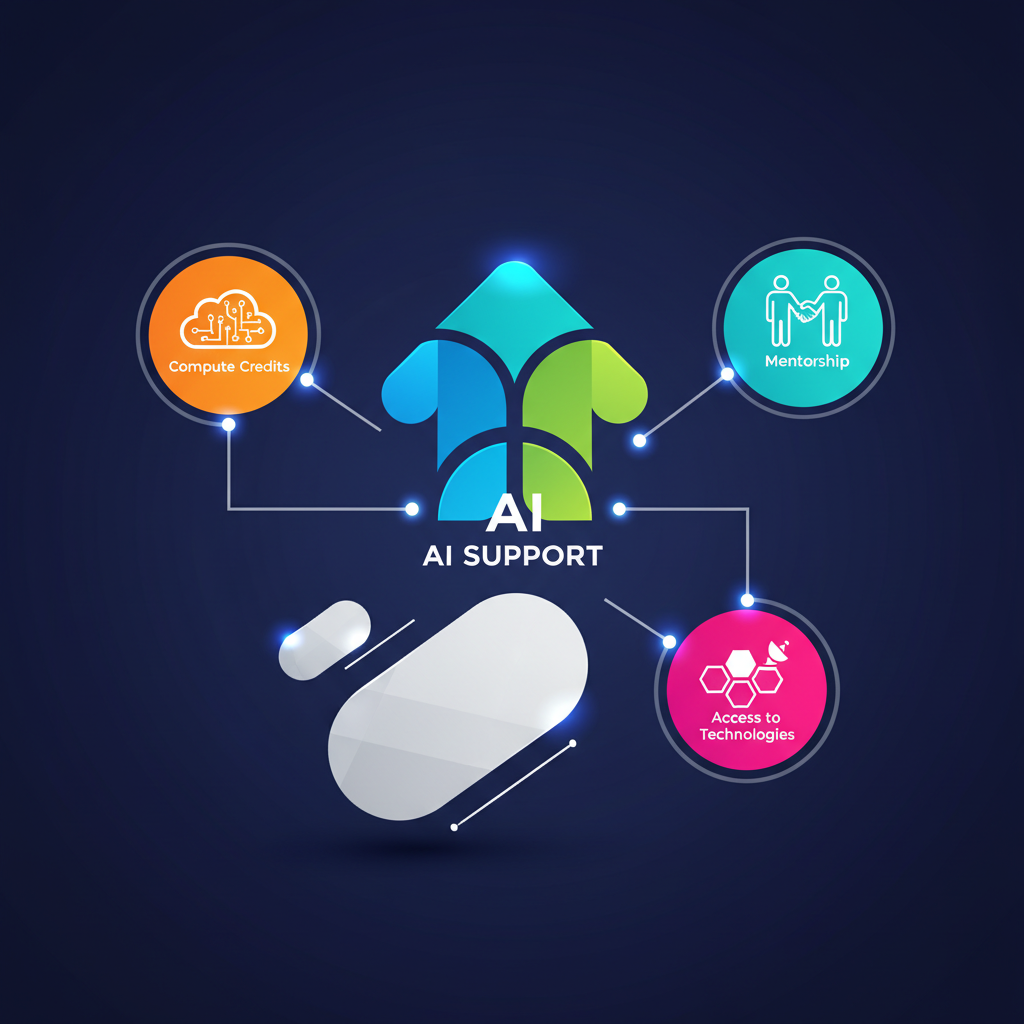 A modern infographic showing various support elements like compute credits, mentorship, and access to technologies, with 'AI Support' and 'Innovation' keywords, clean infographic, modern layout, high contrast, colored background. No visible text.