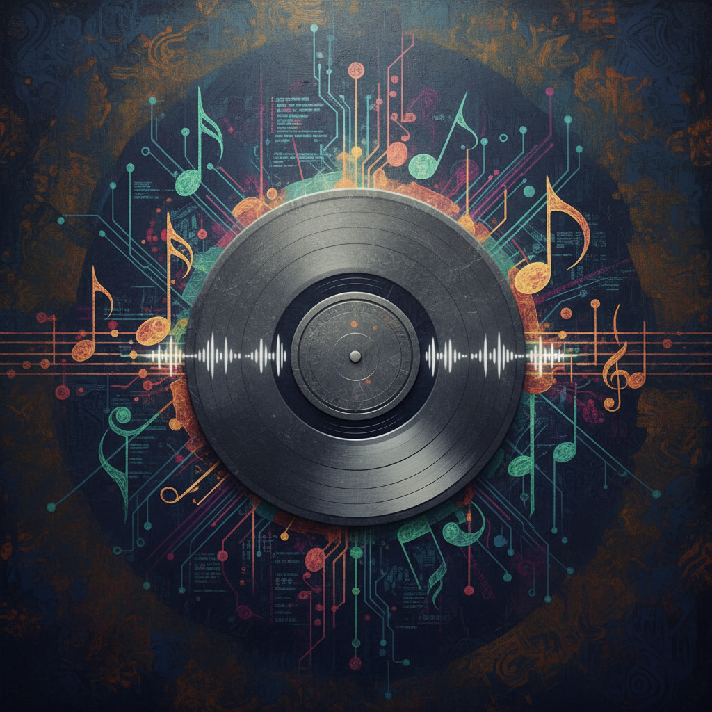 A surreal, artistic rendering of a vinyl record with faint sound waves emerging from it, surrounded by abstract representations of AI code and musical notes. The record has a subtle, almost silent quality to it, symbolizing protest. Style: artistic rendering, textured background, deep colors. No visible text.