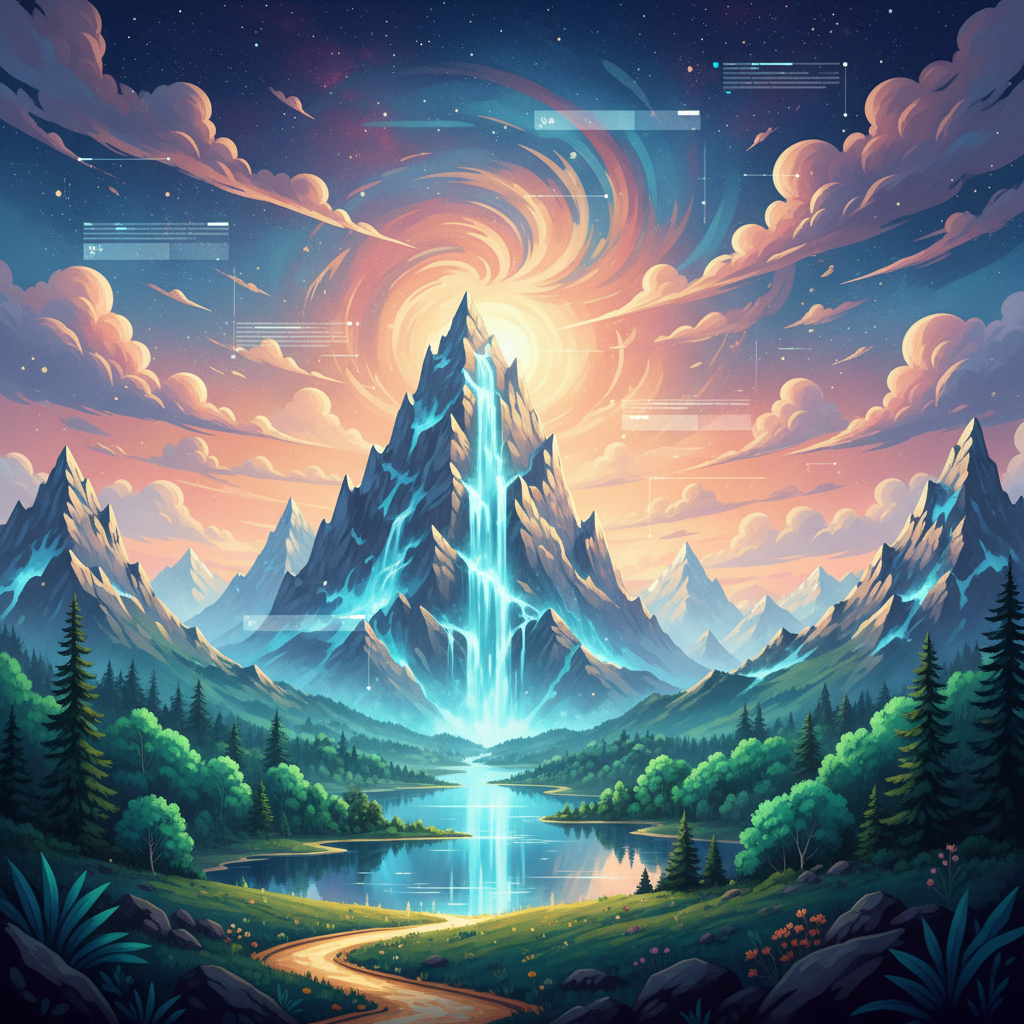 A digital landscape scene with exaggeratedly beautiful features like "breathtaking views" and "scenic," rendered in a slightly artificial, polished style, contrasting with a subtle overlay of generic marketing phrases. Style: illustration, artistic rendering, textured background. No text.