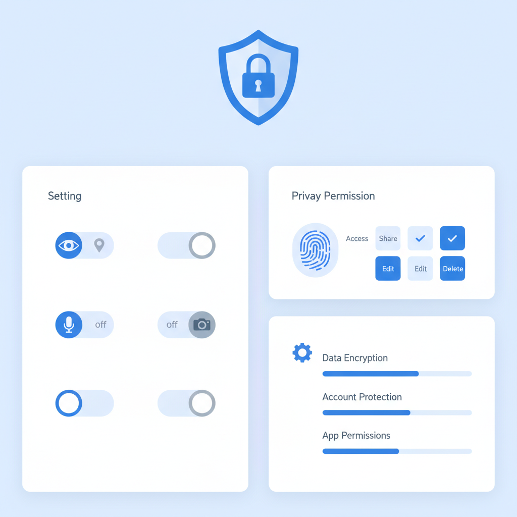 Privacy and security control panel interface with toggle switches and permission settings, modern UI design, clean infographic style, shield and lock icons representing protection, soft blue and white color palette, user-friendly layout, no text in image