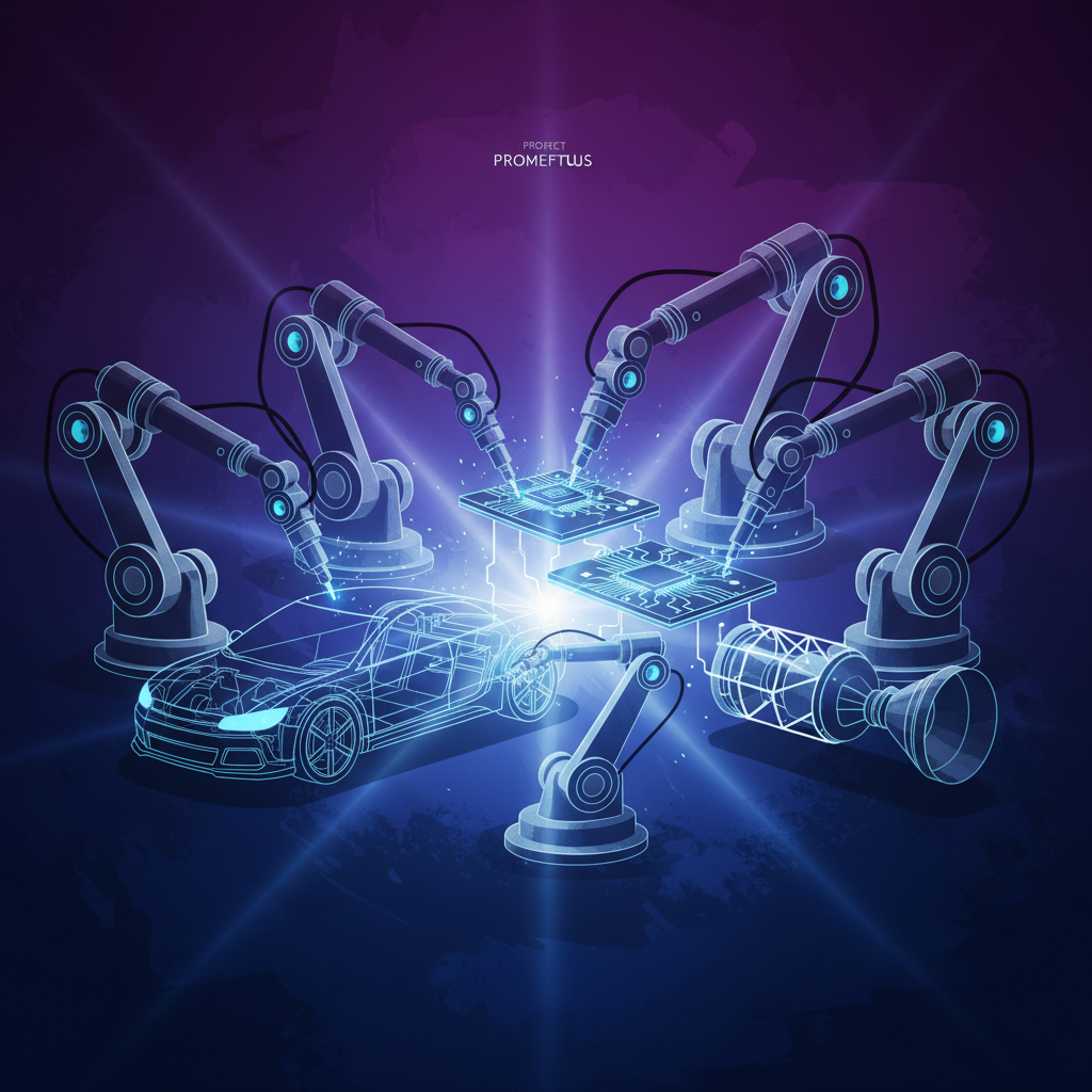 A sleek, modern illustration of "Project Prometheus" at the intersection of AI and manufacturing. Show robotic arms working on car parts, computer chips, and spacecraft components. The background is a textured gradient of dark blue and purple, with bright, focused lighting. No text, clean design.