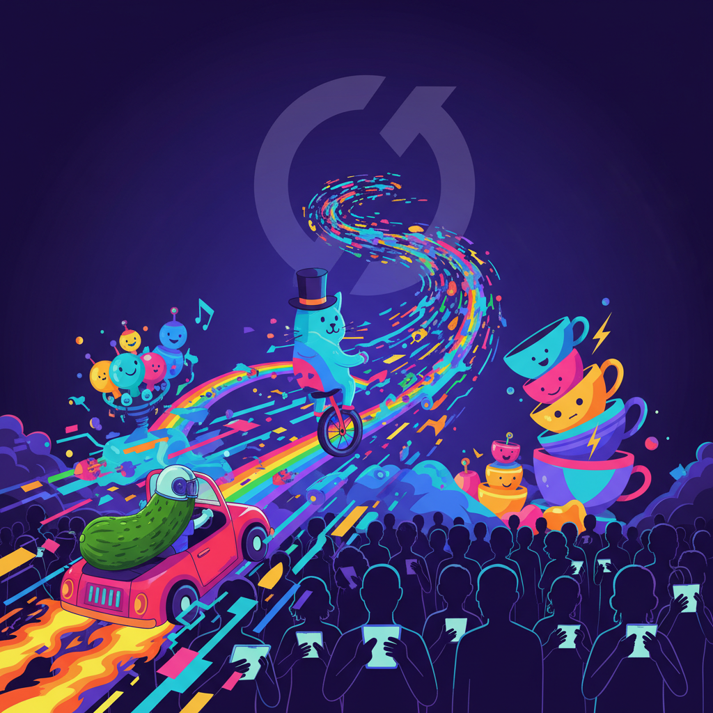 A large, indifferent tech platform logo subtly in the background, while a flood of generic AI-generated content (like a pickle in a car chase) flows unchecked in the foreground, impacting users. Modern, slightly abstract illustration with a deep, colored background. No visible text.