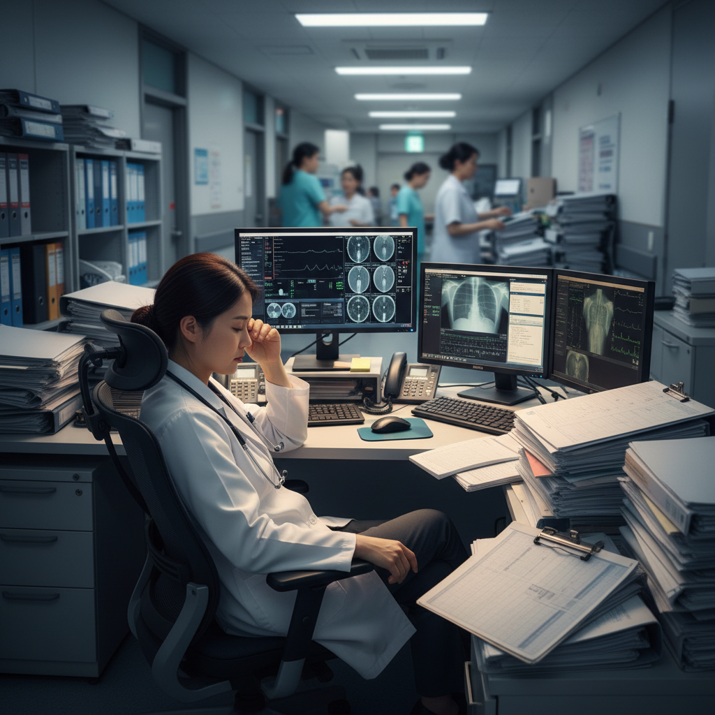 Exhausted Korean doctor in medical office surrounded by multiple patient charts and computer screens, fast-paced healthcare environment, motion blur effect on background, warm clinical lighting, realistic medical setting, professional atmosphere, muted blue and gray tones, no text