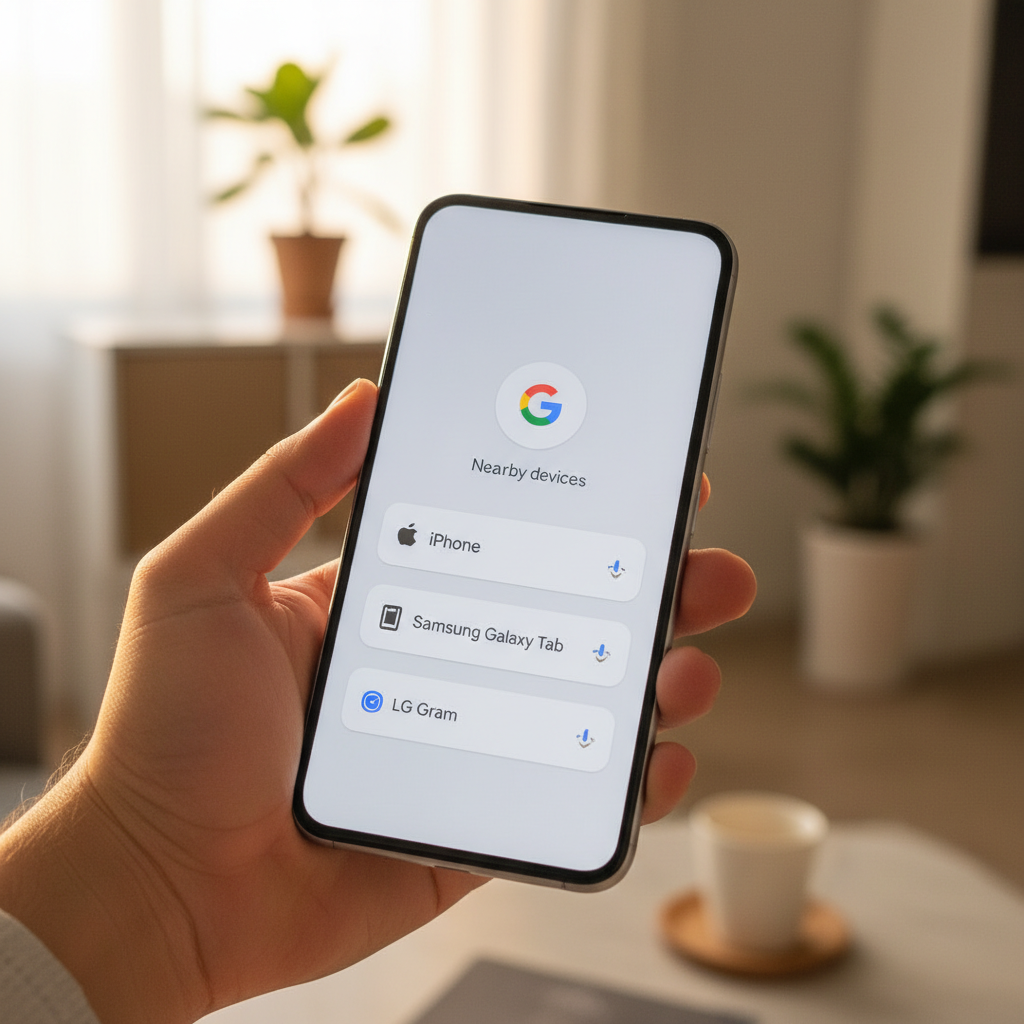 A close-up shot of a Korean person's hand holding a Google Pixel 10 phone. The screen displays the Quick Share interface, showing nearby devices, including an iPhone, available for file transfer. The UI is clean with minimal English text. Style: lifestyle photography, warm lighting, natural setting. Background: blurred modern office or home environment.