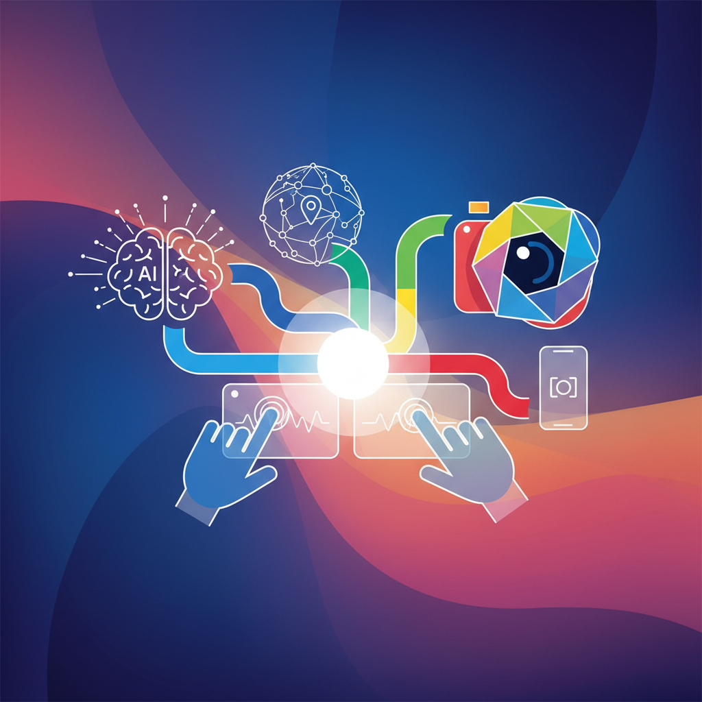 A stylized illustration depicting various Google Pixel features (AI, maps, camera) converging into a cohesive, innovative user experience, represented by abstract, interconnected shapes and subtle human interaction elements. Modern, high-contrast infographic. No visible text. Dynamic colored background.