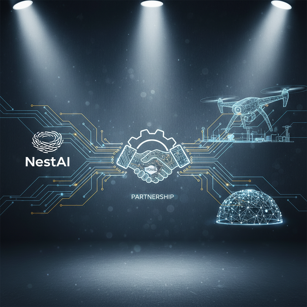 Clean infographic showing Finnish company NestAI's innovation in AI technology. Illustrate a partnership between NestAI and Nokia, with stylized AI circuits and defense applications like autonomous drones. Modern layout, high contrast, textured background, bright lighting. No text.