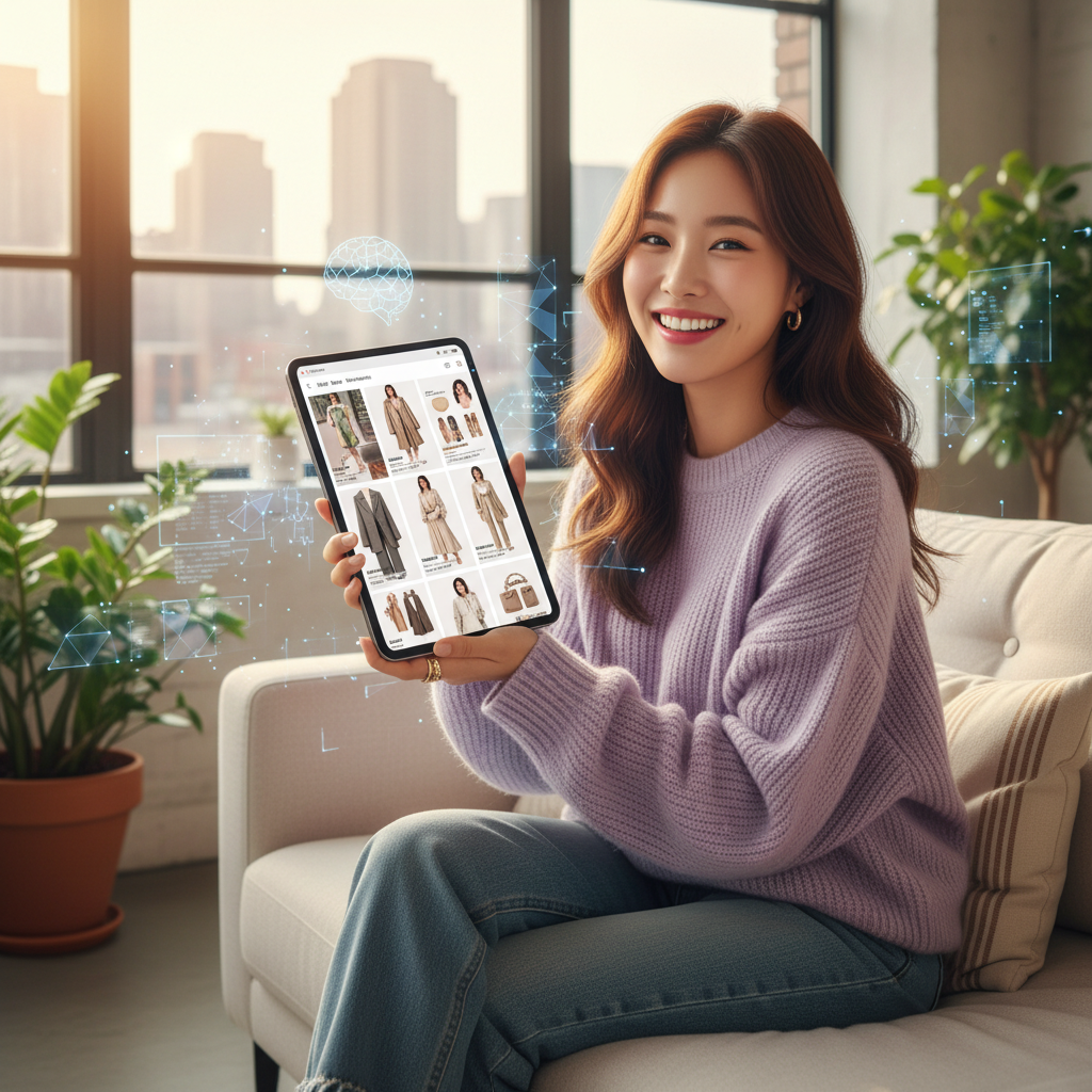 A lifestyle photography scene of a young Korean woman happily browsing a tablet, showing personalized fashion recommendations on a Pinterest-like interface, with AI elements subtly integrated into the background, bright and inviting. No text.