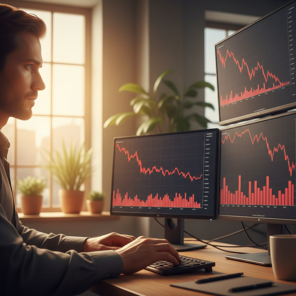Close-up view of investor analyzing declining stock market charts on multiple computer monitors, red downward trending graphs visible on screens, modern office setting with natural window light, person's hands on keyboard with focused expression, realistic business photography, warm color palette with red accent, no text