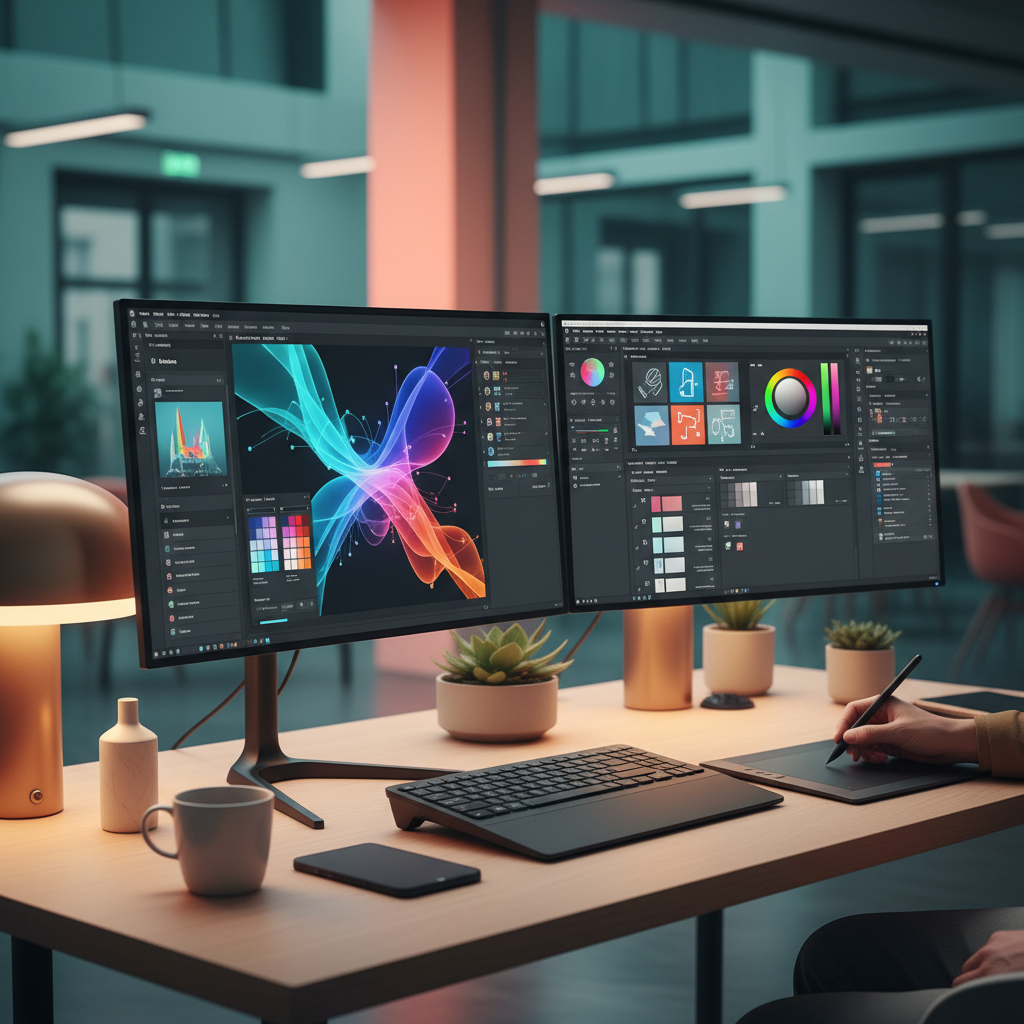 Designer workspace showing hybrid workflow with AI suggestions panel on left and manual editing tools on right, creative professional environment, warm lighting, modern office setting with teal and coral color scheme background, lifestyle photography, no text visible
