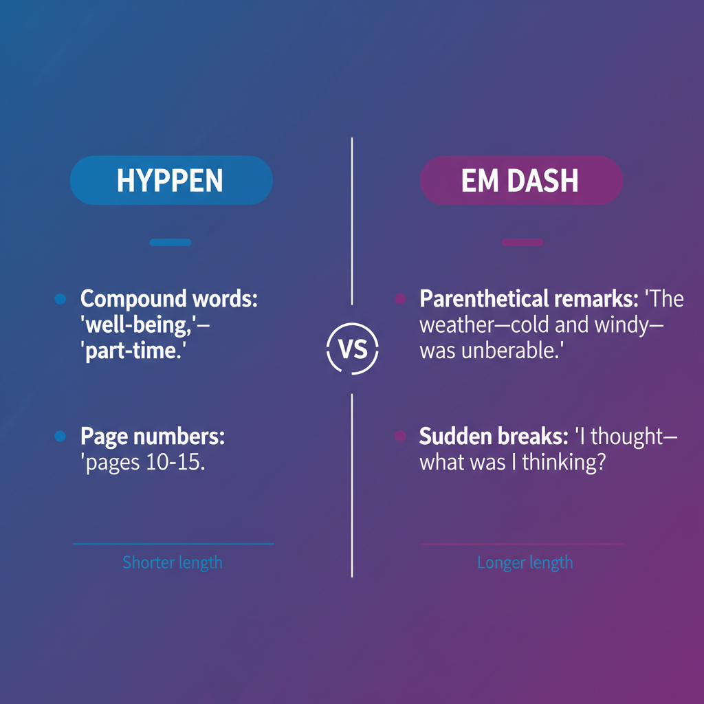 Clean infographic illustration comparing hyphen and em dash punctuation marks, side by side comparison with example sentences, modern typography design, educational style, vibrant gradient background from blue to purple, minimalist layout