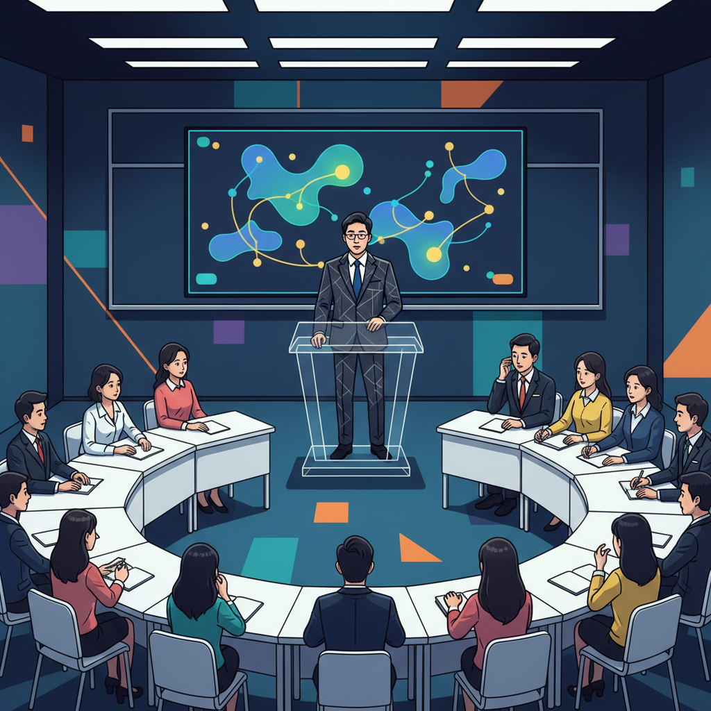 A modern university classroom setting with Korean students and a lecturer. The lecturer is at a podium, and on the screen behind them, abstract AI-generated content is subtly displayed. Students look engaged but also a bit confused. Style: clean infographic, modern layout, high contrast. No visible text, colored background, centered focus.