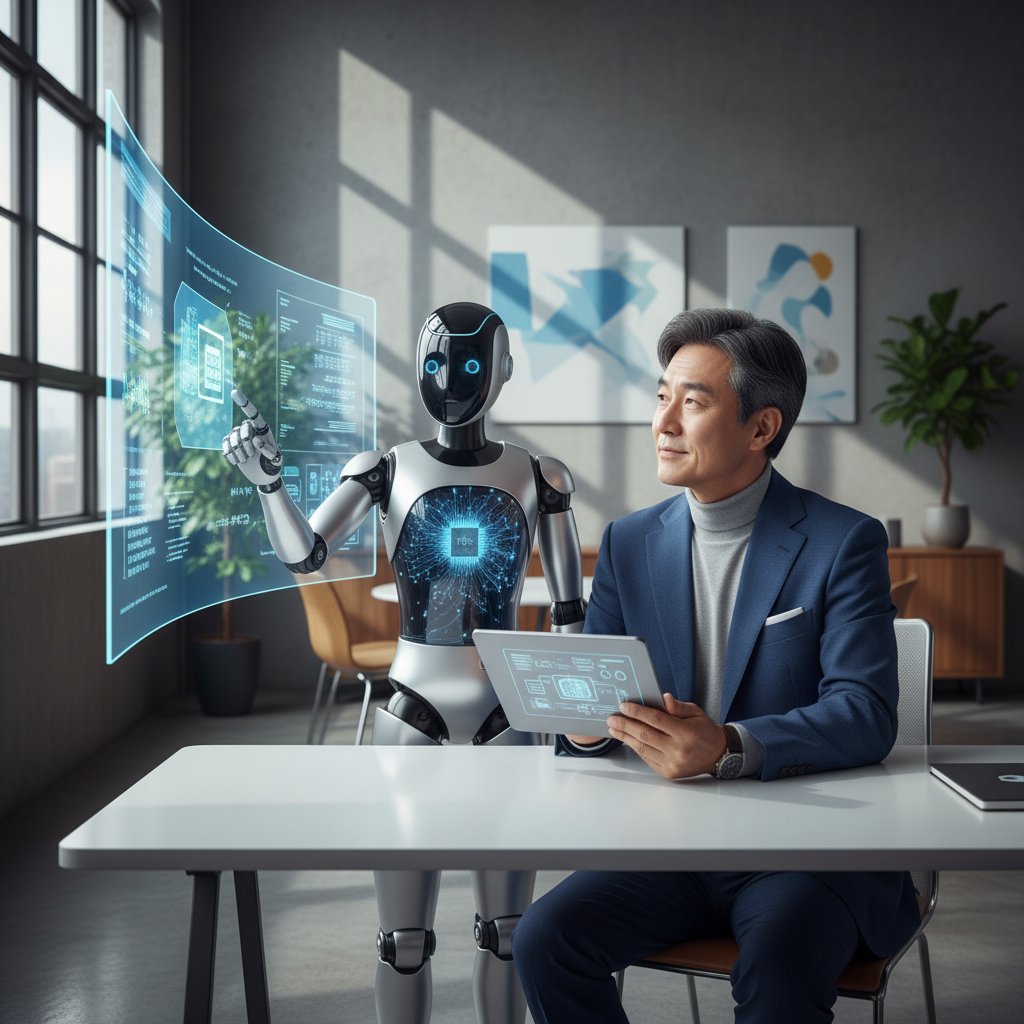 A university professor with a warm, thoughtful expression is interacting with an advanced educational AI robot in a bright, modern office setting. The professor is reviewing digital content on a tablet. The robot is sleek and futuristic. Style: modern, high-contrast lifestyle photography. Korean appearance professor, centered focus, no text.