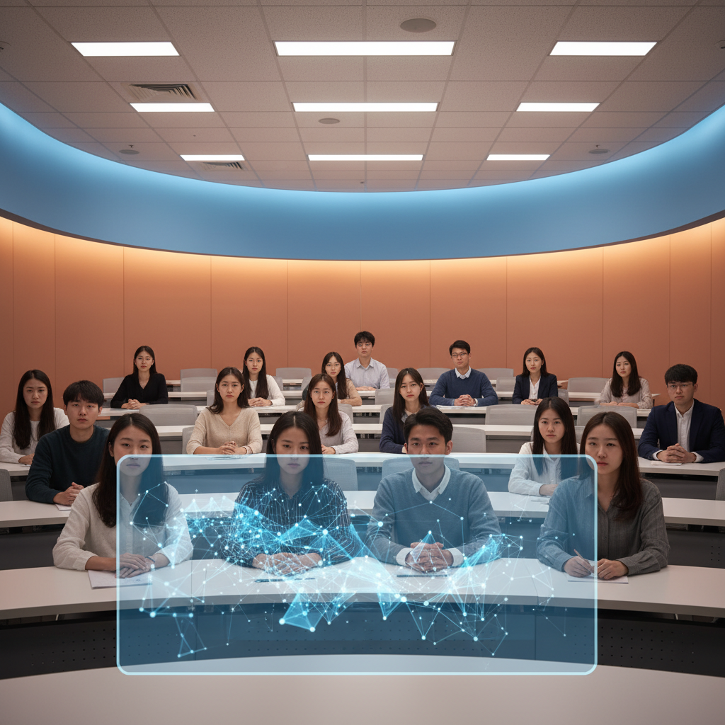 A diverse group of university students looking confused and somewhat frustrated in a lecture hall. A futuristic holographic screen in front of them displays abstract AI-generated content. The setting is a modern university classroom with subtle, warm lighting. Korean appearance students, natural expressions, centered focus, clean infographic style, colored background, no text.