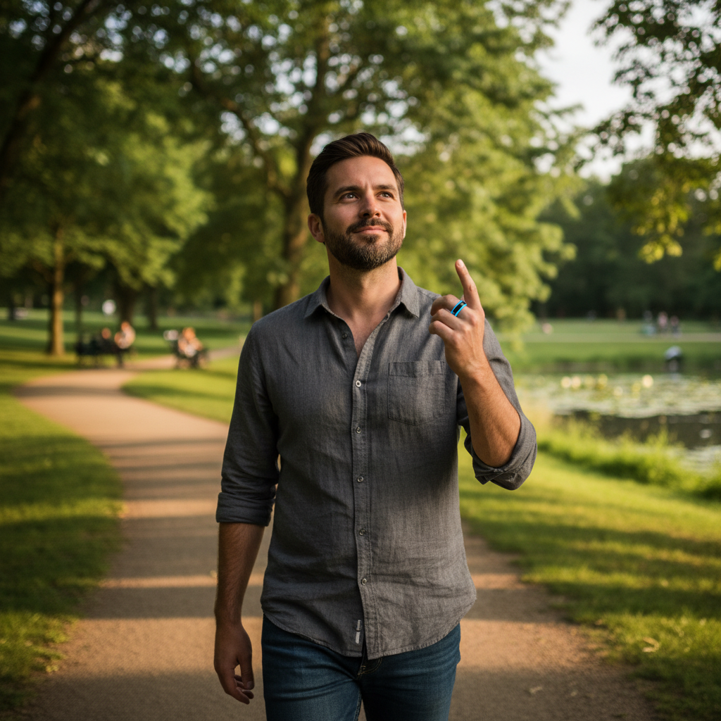 A man wearing a sleek smart ring on his index finger, walking in a park, with a thoughtful expression as if an idea just came to him. The ring subtly glows, suggesting technology. Lifestyle photography, natural lighting, no text.