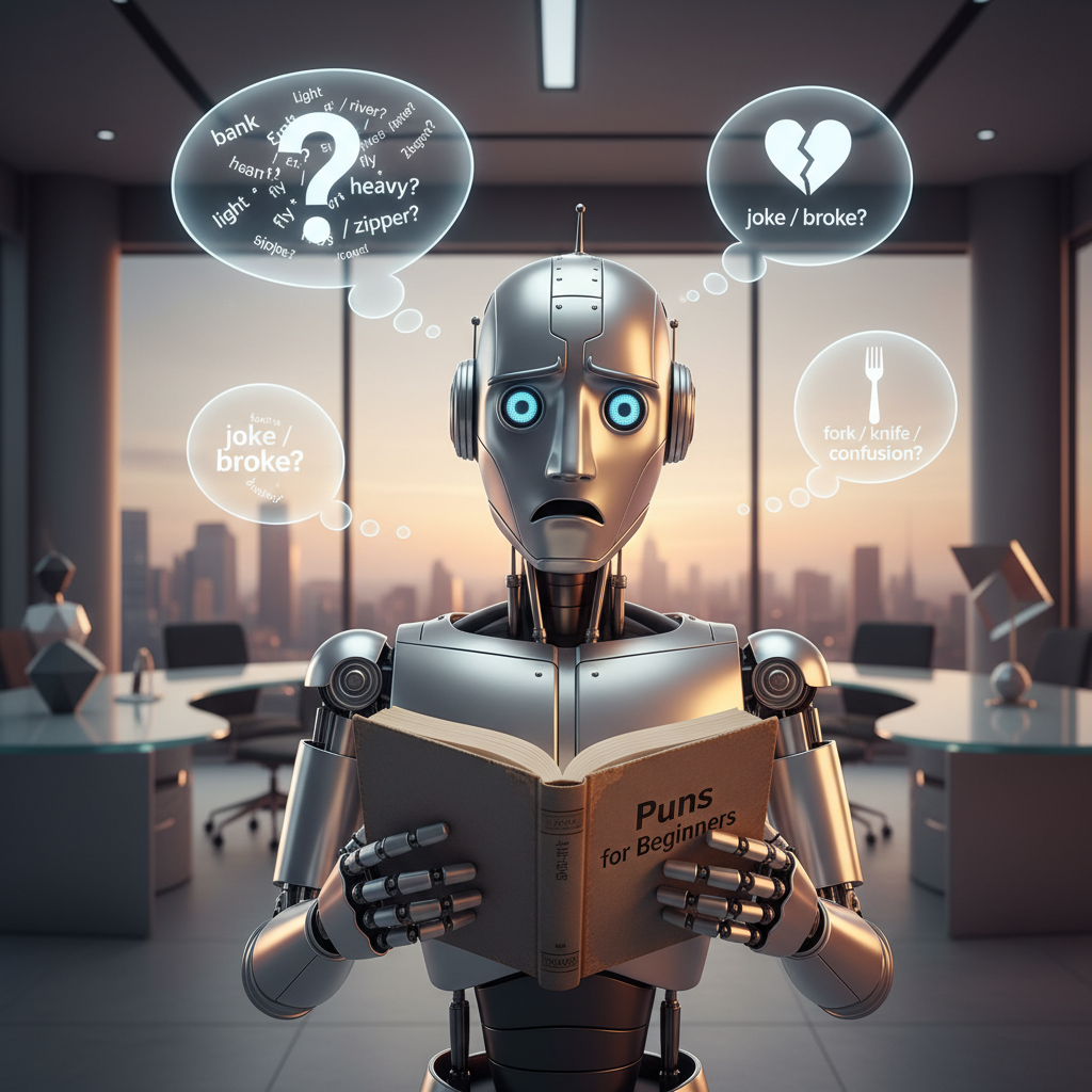 A humanoid robot with a confused, slightly frustrated expression, holding a book titled 'Puns for Beginners' written in English. The robot is surrounded by thought bubbles containing question marks and conflicting word meanings. The background is a modern, slightly abstract office setting with soft, warm lighting. No visible text in image except for book title.