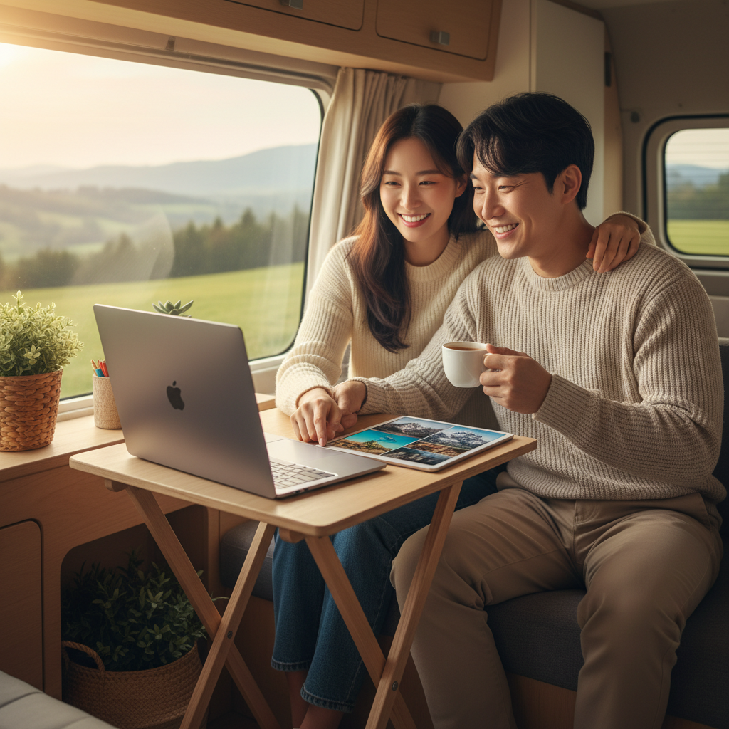 A modern couple, appearing Korean, happily planning a trip on a laptop with a tablet showing scenic travel destinations, sitting in a cozy, minimalist van interior. Warm, inviting natural light streams in through a window, highlighting the tech devices and their relaxed expressions. The background is a soft, blurred landscape. No visible text. Style: lifestyle photography, warm lighting, natural setting.