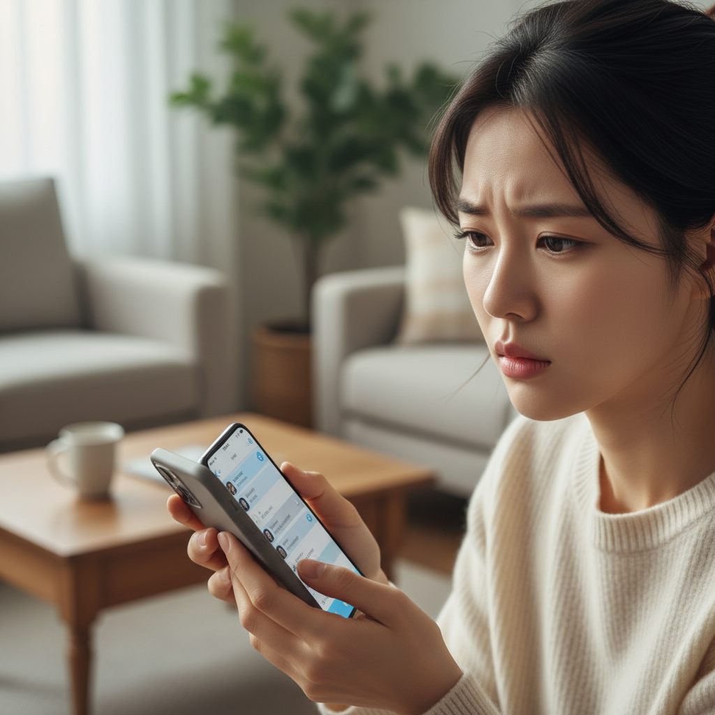A worried Korean woman looking at a smartphone screen displaying a chat interface, with a subtle anxious expression. The background is a blurred, calm living room. Soft, natural lighting. No text.