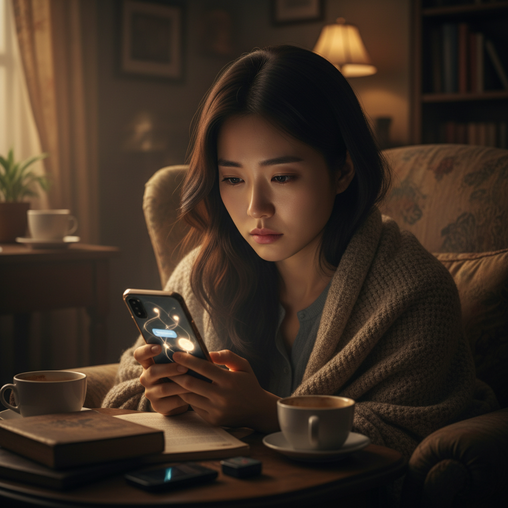 A Korean woman with a lonely expression looking at her smartphone screen, interacting with an AI chatbot. The setting is a dimly lit room, conveying a sense of isolation. Style: lifestyle photography, warm lighting, natural setting. No visible text in image. No empty margins, centered focus.