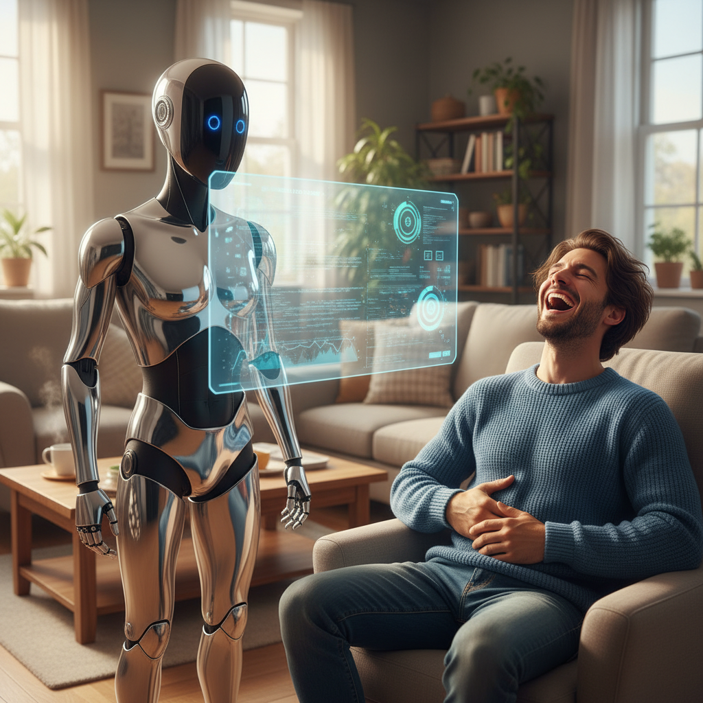 A human character laughing heartily at a joke while a robot stands beside them, its face completely blank and its optical sensors focused on a display showing complex data analysis. The scene highlights the contrast between human emotion and AI's analytical processing. The background is a cozy, modern living room with warm, natural lighting. No visible text in image.