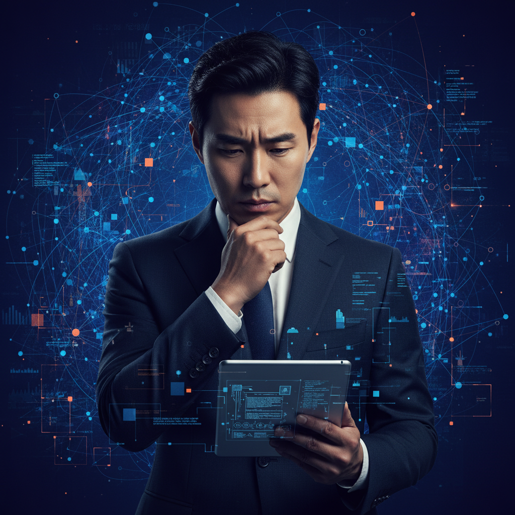 A serious-looking Korean man in a suit, looking thoughtful and slightly troubled, against a blurred backdrop of complex digital data and abstract network lines. Style: modern infographic, high contrast. No visible text. Clear visuals.