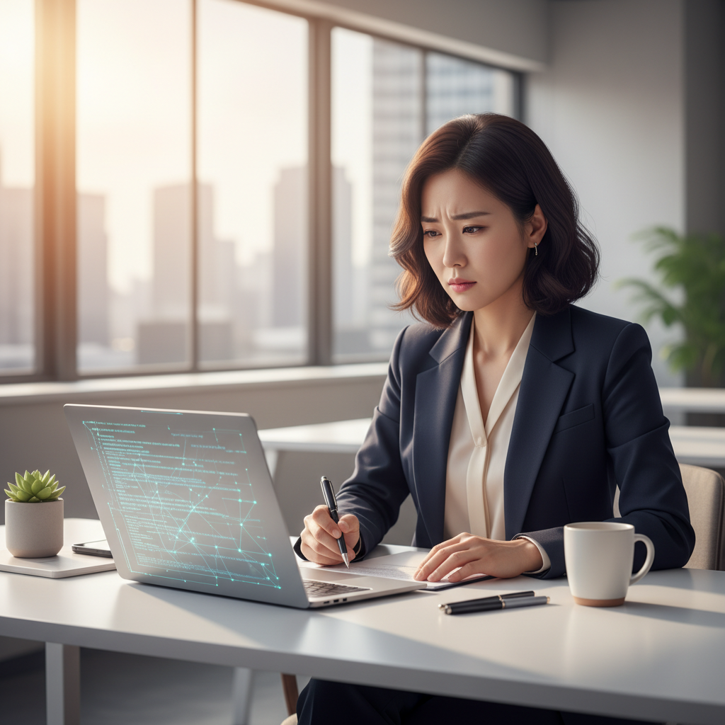 A professional Korean woman, mid-30s, with a concerned expression, sitting at a modern desk and signing a document. On the desk, a laptop displays abstract AI code. The background is a clean, slightly blurred office environment with natural light. Style: lifestyle photography, warm lighting, natural setting. No visible text.