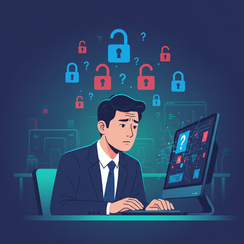 A professional Korean person looking frustrated and confused in front of a computer, with digital lock icons floating around. The background is a modern office setting with a slightly blurred gradient. Style: clean infographic, modern layout, high contrast. No text.