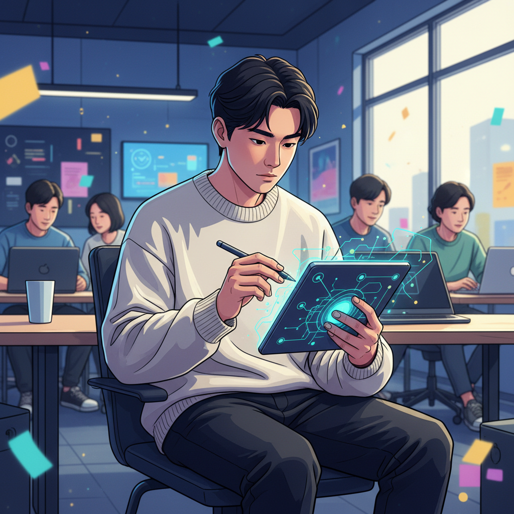 A young Korean founder thoughtfully sketching out new AI ideas on a digital tablet in a modern, well-lit co-working space. The atmosphere is innovative and collaborative, with other focused individuals in the blurred background. Style: modern illustration, high contrast. No visible text. Colored background, centered focus.
