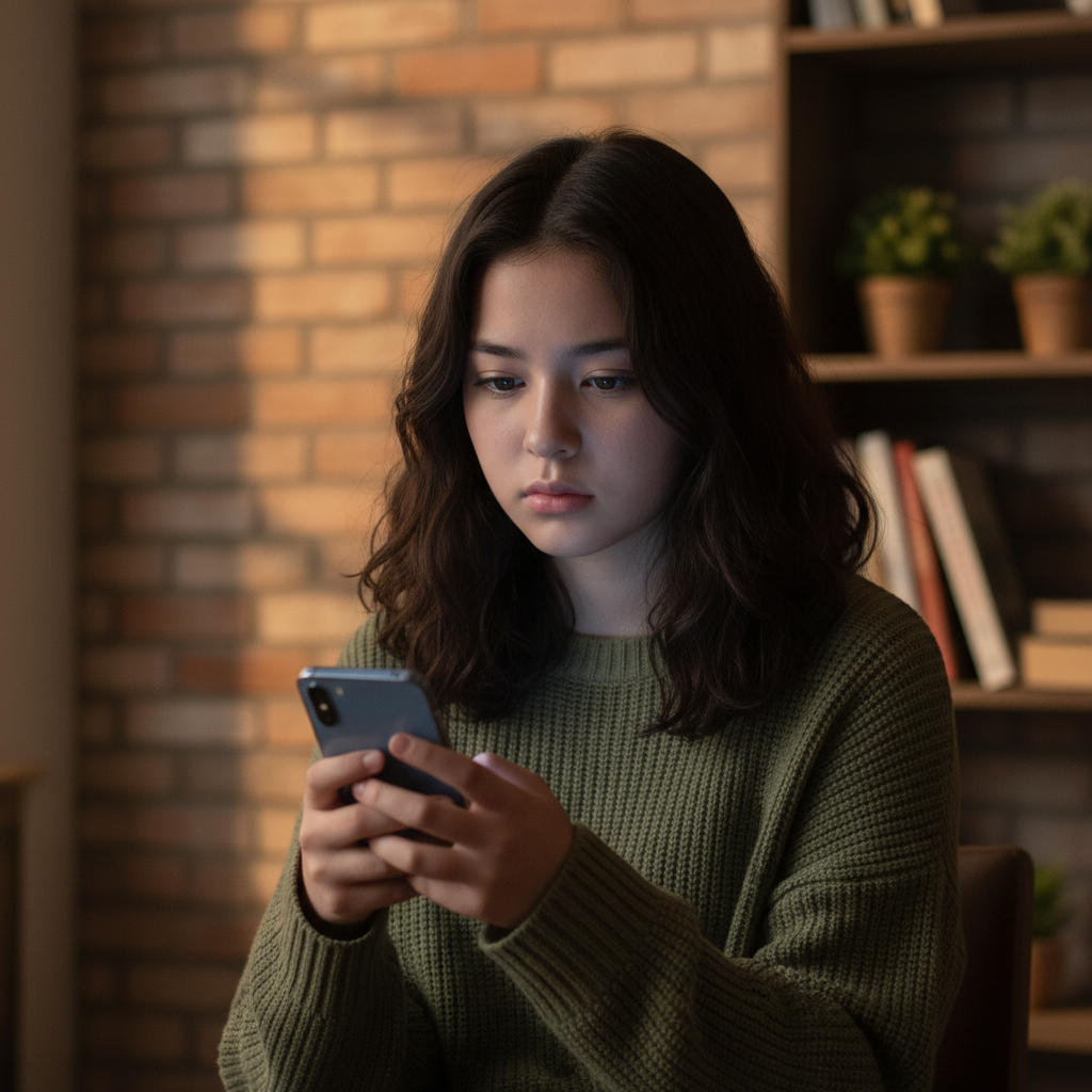 A Korean teenager with a thoughtful expression looking at a smartphone screen, dimly lit room, conveying a sense of introspection and concern. Lifestyle photography, warm lighting, natural setting, textured background. No visible text in image.