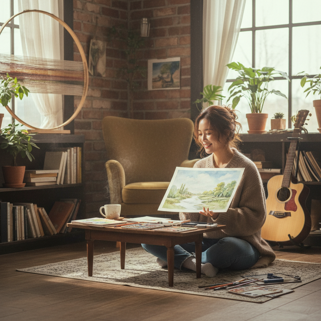 A dynamic lifestyle photography scene depicting a Korean person experiencing a "micro-retirement." They are in a cozy home office or a creative studio, taking a short break from work to pursue a personal hobby like painting, playing a musical instrument, or reading, with a relaxed and fulfilled expression. The setting should feel authentic and inviting. No text.