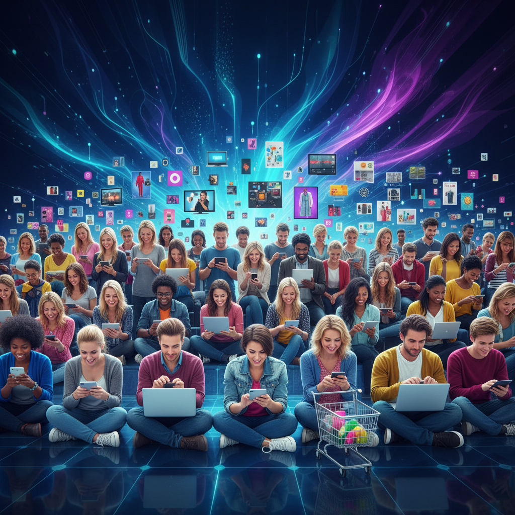 A bustling online shopping scene with diverse products, many people looking at their phones or laptops, reflecting the excitement of Black Friday online shopping. The background is a vibrant, textured gradient of deep blues and purples, indicating a modern digital environment. No text.