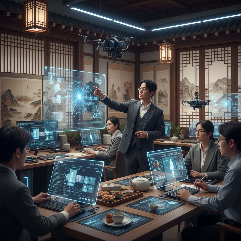 Korean film directors and creators working with AI technology, collaborative atmosphere, traditional Korean elements mixed with futuristic tech, warm professional lighting, creative workspace. No text.