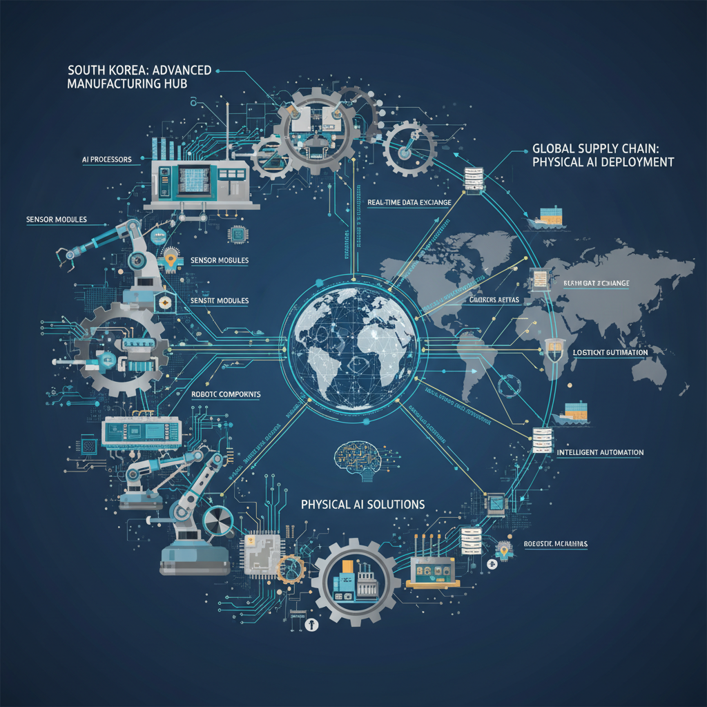 An intricate infographic visualizing the integration of South Korea's advanced manufacturing capabilities with a global supply chain for physical AI. Illustrate industrial components and data flow against a technical, patterned background. No text.